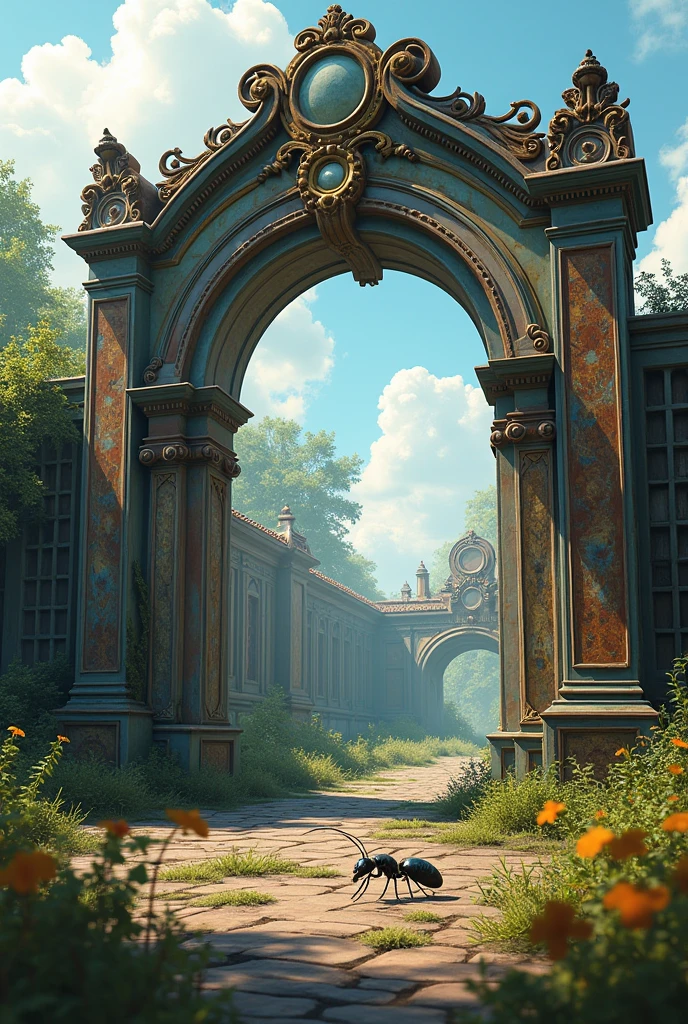 Generate an abandon amusement park entrance from an ant perspective