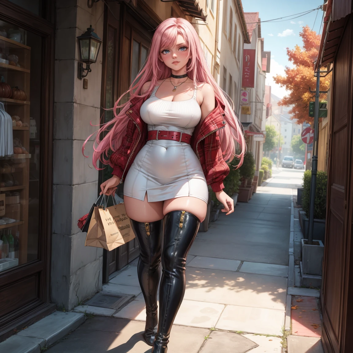 Masterpiece, beautiful art, 8k, art style by sciamano240, very detailed face, detailed hair, detailed clothes, detailed fabric, 1girl, beautiful face, long hair, hot pink hair , model head shot, facing camera, very detailed green eyes, sultry smile, wearing classy fall clothes, white dior thigh boots, white pencil skirt, walking , out shopping, necklace, chocker, rosey cheeks, sunny fall setting, full body view, photorealistic, indirect lighting, volumetric light, ray tracing, hyper-detailed, best quality, ultra-high resolution, HDR, (8k, Best Quality, Masterpiece:1.2), Ultra Detail, RAW Photo, Super Resolution, Professional Photo, Extremely Detailed and Beautiful, lot of drool, sweat, belly inflation