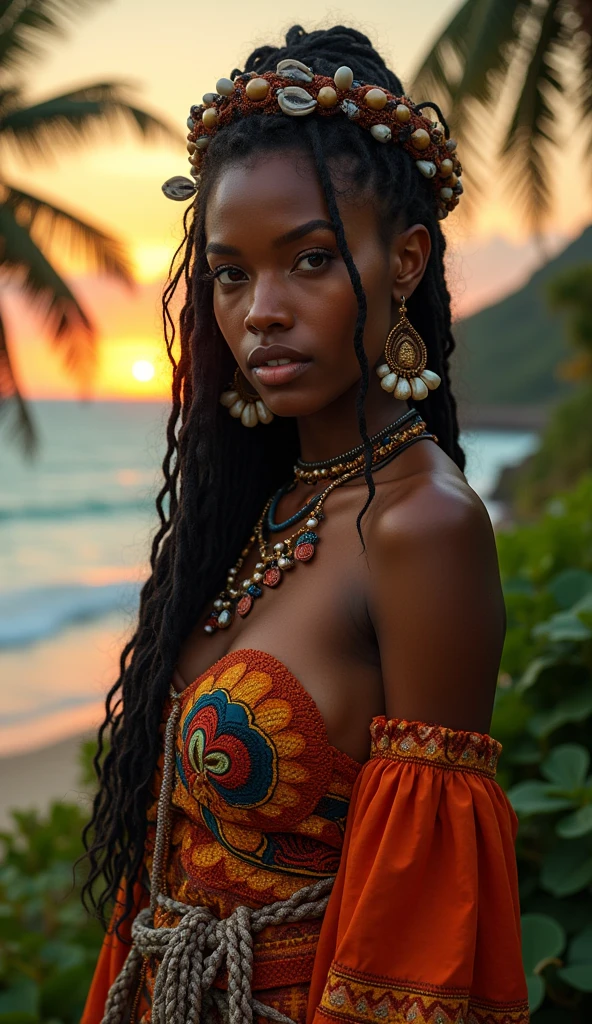 A breathtaking, hyper-realistic photography of a captivating Caribbean woman, her deep, dark skin glowing under the warm golden huesof the setting sun. She is elegantly dressed in vibrant, colorful clothing that showcases the rich tropical culture, her long, flowing hair adorned with beads and shells. Her intense gaze speaks volumes, as she stands in the heart of a lush, exotic landscape, with swaying palm trees and a sky filled with orange and pink hues. The background island, surrounded by the vast ocean, adds a touch of magical realism to the scene, evoking the beauty of a beach sunset. This masterpiece, reminiscent of Cyril Rolando's works, is perfect for a profile picture or a high-detailed desktop wallpaper, offering a sense of tranquility and escape to those who behold it.