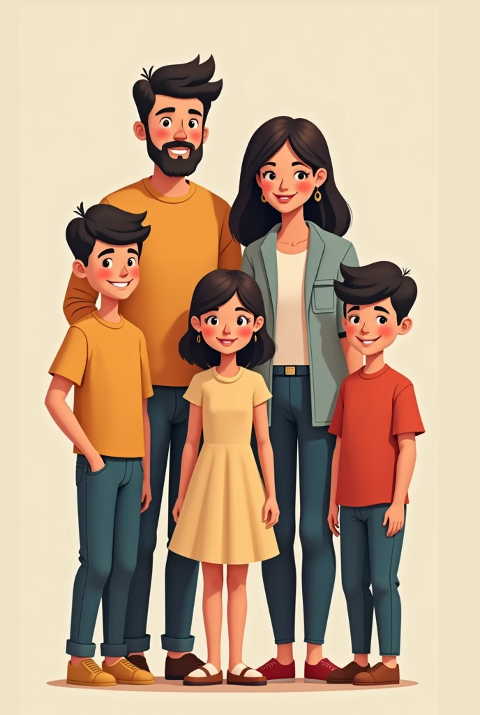A family photo consist of 5 members. The father, mother, first child or eldest son, second child the daughter, and third child or youngest son. 2 sons and 1 daughter . The first son aged 21 the second son aged 12 and the daughter aged 18