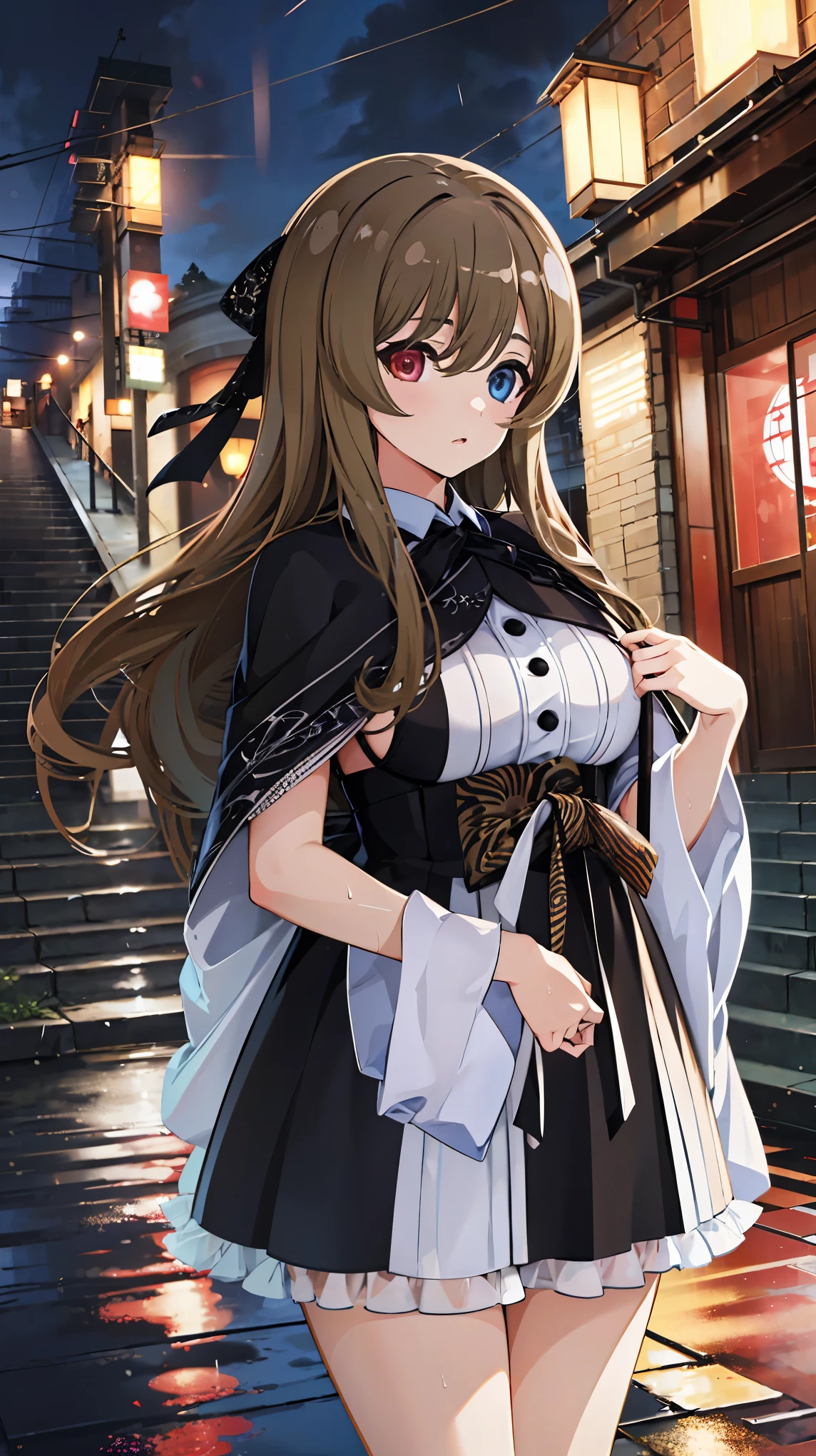 High resolution,masterpiece, Highest quality, Kuo Shenlin , heterochromia , Brown hair, (((busty))),1girl, sensual body, Her cheeks flushed , 比基尼 , japanese night city , heavy rain ,umbrella ,wet street ,