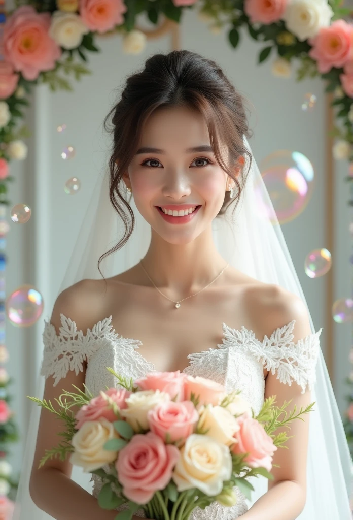 Very young and beautiful Asian woman with brown blonde updo hair, very delicate eyes, delicate nose, delicate lips, wearing wedding dress, holding bouquet with delicate details in her arms:1.2, veil_layers of rich lace, bouquet with detailed expression, (dynamic pose, uncontrollable joy, ecstasy, broad smile_expressing very delicate details), clear silhouette, top quality, realistic photo, bright studio lighting, top down hips upper body shot angle, front close-up, photographed under arched floral decoration structure, congratulatory bouquets, surrounded by numerous transparent rainbow bubbles in the air, clear silhouette,