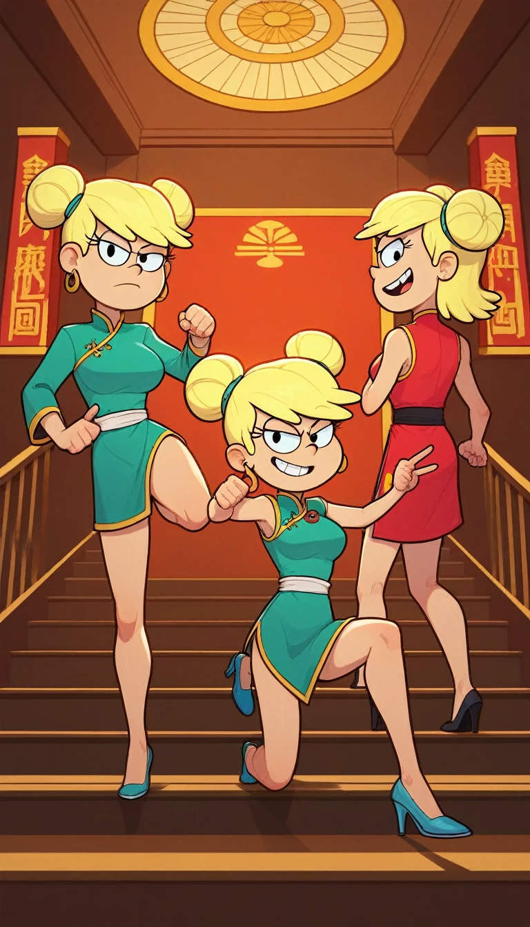 leni loud, 3girls, trio, 24yo girl, large breasts, green cheongsam,  inside of a chinese temple, looking at viewer, blonde hair, two hair buns , hands  score_9, score_8_up, score_7_up, high heels, teep fighting stance,martial arts, stairs behind her, guarding the stairs, a door behind the stair, they are identical twins