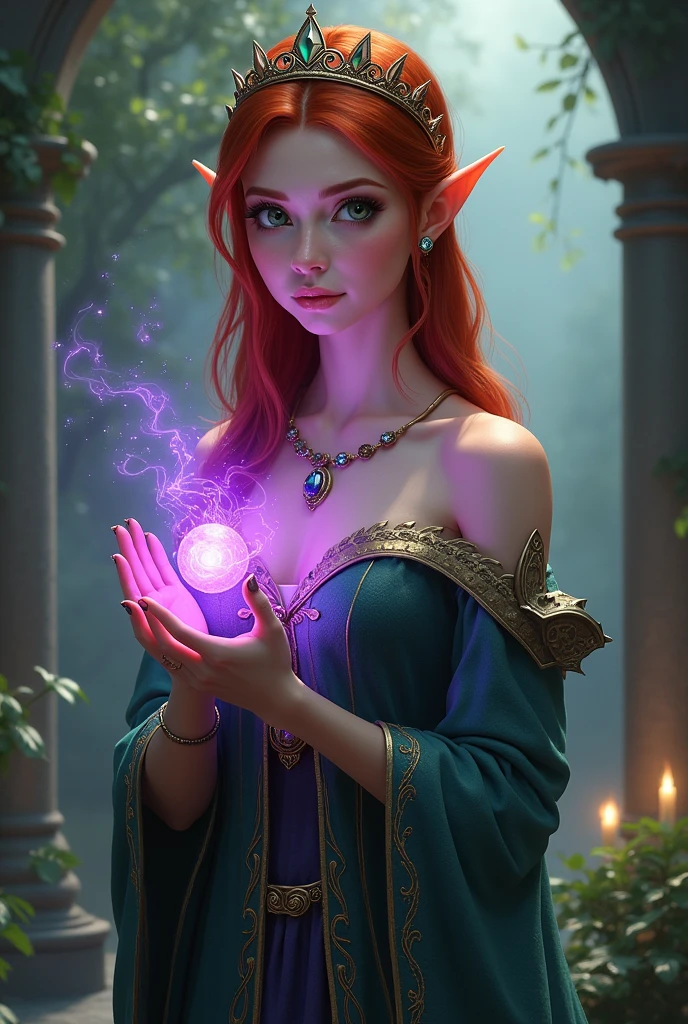 young adult, beautiful, redhead, side part hairstyle, dark green eyes, elven dress, tiara, elf, sorcerer, fantasy, magical, purple pendant or amulet, full body