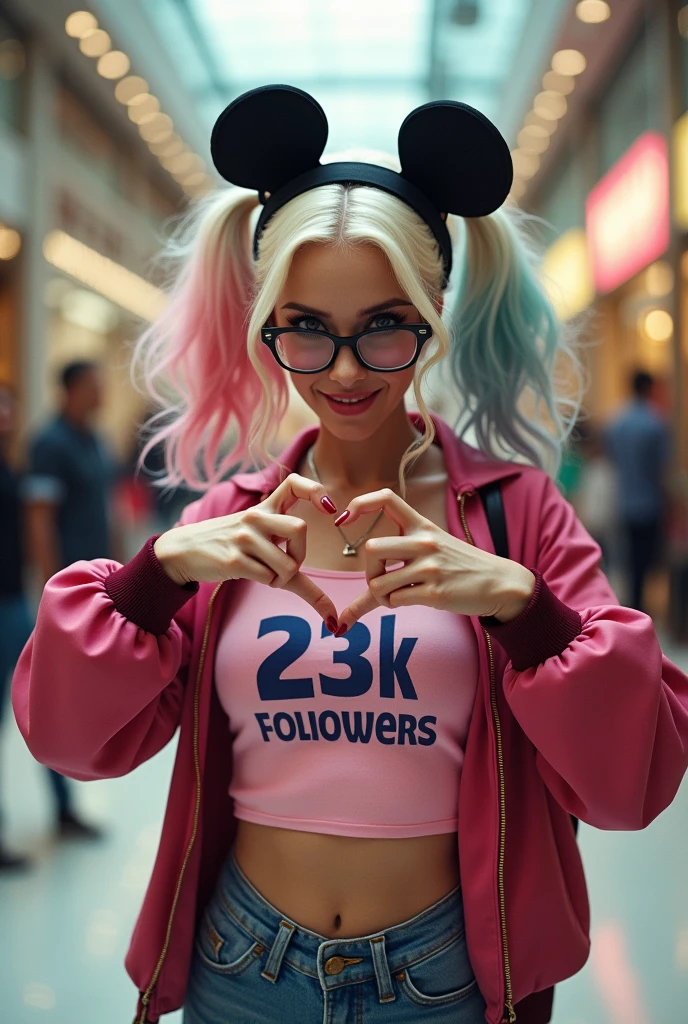 Cinematic image of Harley Quinn with colored hair, prescription glasses and Mickey ear headband, pink blouse with 23k followers written on it and denim shorts. She is at the mall and is making a heart with her hand 
