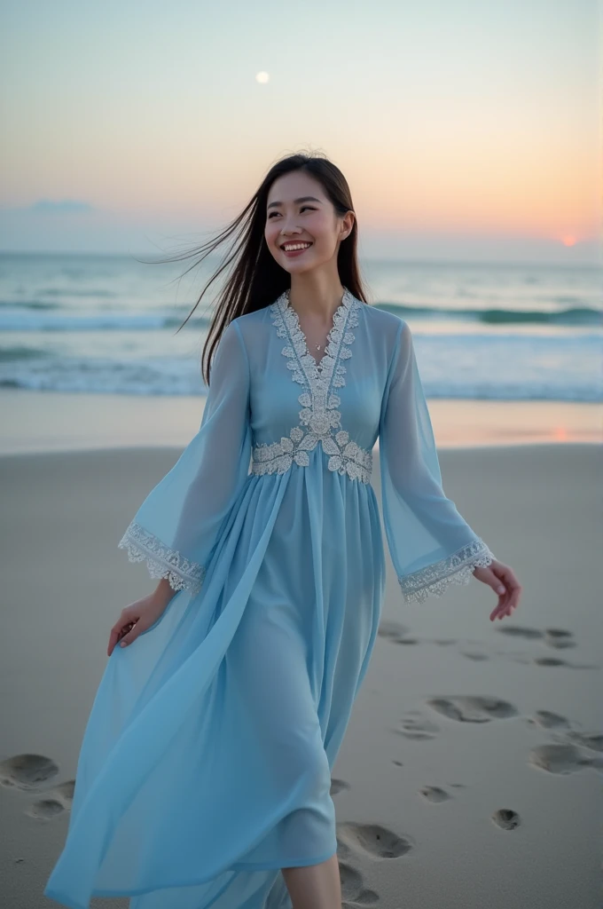 full body photo of an Asian girl aged 25. Her face is beautiful, wearing a light blue dress robe with beautiful accents on it. Her hair is straight and long, a bit fat. She was walking happily on the beach, her footprints were visible on the sand. twilight atmosphere when the sun sets and the moon begins to appear