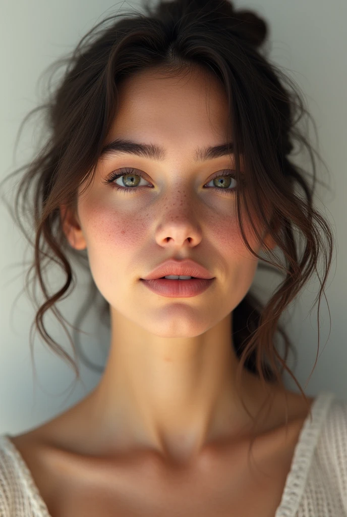 "Design a naturally beautiful young woman who looks realistic and relatable, with unique features that highlight her individuality. She should have an expressive face with slightly asymmetrical features, giving her a charming, human touch. Her skin tone should be even but with visible textures like slight redness, pores, or faint freckles. She should have a healthy figure with gentle curves, not overly idealized, and her posture should feel relaxed and natural. Her hair should be slightly tousled, not perfectly styled, to enhance the realism. The goal is to create an AI-generated model that could easily be mistaken for a real person."
