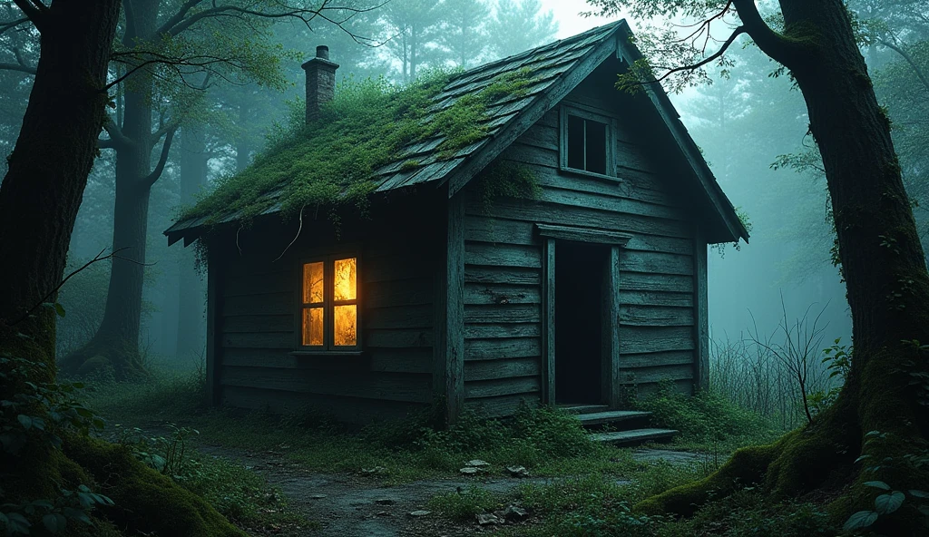 An abandoned cabin in the woods, covered in vines and moss. A faint, flickering light is visible from inside through a cracked, dusty window.