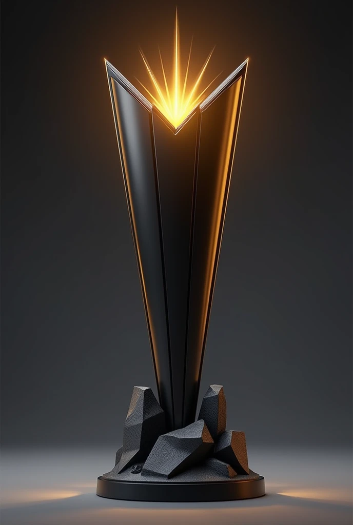 (photorealism:1.2)Style and Design:
Elegant and Futuristic: The trophy has a very stylish design with clean, sharp lines that give it a modern and futuristic look..
Elongated Shape: The structure is tall and thin, which gives it an imposing presence. Vertical and angular lines accentuate this feeling of height..
Colors and materials:
black and gold: The trophy combines dark colors, ?????, with details in a matte gold tone. This creates a strong and elegant visual contrast..
Surface : The finish appears to be matte, which suggests that the trophy is made with a 3D printer,
Visual Elements:
upper part : En la upper part del trofeo, There is a crown fused between that of a king and a queen. With a ray that seems to emanate from the center, giving you a feeling of energy and power, as well as elegance Conical base and rock shape : The base is conical, high and spectacular rock shape. providing stability to the design.
It is designed in a way that it flows into the body of the trophy without interruptions.. with great height Text:
("TITAN'S LEGACY") : the text ( TITAN'S LEGACY) en la roca del trofeo It is written in a clean, raised font style , modern and big, in a golden tone that stands out against the dark base.
("mvp") : the text ("mvp") It is written in a clean, raised font style , modern and big, in a golden tone that stands out against the dark base.
made with 3d printer