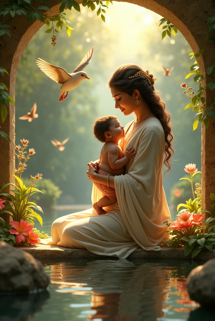 Beautiful yashoda queen playing with her baby krishna new born in a beautiful garden with birds animals and lake