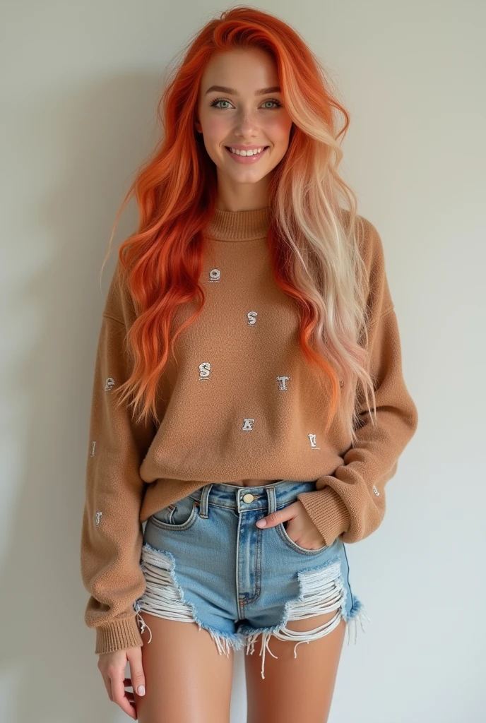 A 20-year-old woman with long, wavy red and white hair, green eyes and a flushed face, smiling and wearing a brown sweater with small white letters written on it, ripped denim shorts and white sneakers. Full body