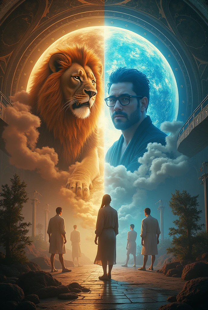 ### **General Scenario:**
The scene is divided into four distinct quadrants, each representing a sign with a specific atmosphere and details that reflect its dreamlike and subconscious characteristics.

### **Dial 1: Lion**
- **enviroment:** A grand arena or stage with dramatic lighting and a shadowed audience. The lion, symbolizing leadership and presence, is not center, in a prominent position.
- **detaileds:** The lion&#39;s mane shines with a golden light, and the details around are lush, with heavy curtains and rich decor. The audience is visible in a diffuse way, symbolizing the search for recognition.

### **Quadrant 2: Virgem**
- **enviroment:** An organized office or lab with a spotless desk and a bulletin board full of lists and charts.
- **detaileds:** Documents and tools are neatly arranged, and a soft light illuminates the scene. small details, like a calculator and a well-kept plant, represent the search for order and perfection.

### **Quadrant 3: Scorpion**
- **enviroment:** A deep cave with an ancient, ornate mirror in the center. The environment is dark and mysterious.
- **detaileds:** The mirror reflects a transforming figure, with dramatic shadows and lights that indicate intense emotions. There is also a closed box and subtle strings, representing control and hidden emotions.

### **Quadrant 4: aquarium**
- **enviroment:** A futuristic landscape with innovative architecture and an open horizon. Technological Elements, such as holograms and control panels, are visible.
- **detaileds:** The scenery is vibrant and expansive, with a figure standing on a raised platform, surrounded by futuristic technologies and vivid colors. Natural elements with a technological touch, like a tree with metallic leaves, symbolize originality and freedom