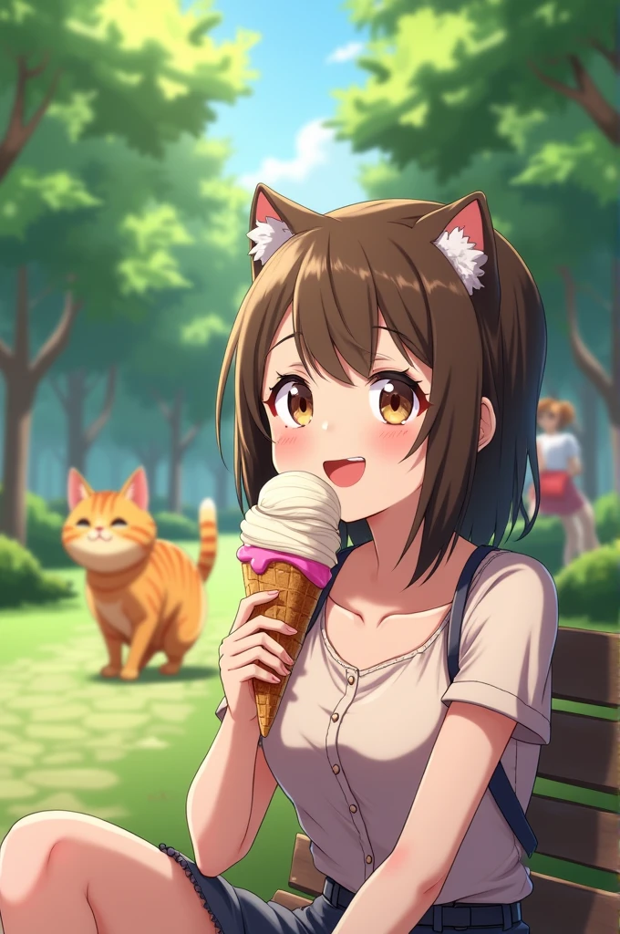 park bench, happily holding a large ice cream cone. The orange tabby cat is in the background, eyeing the ice cream curiously. The park is bright and sunny, with lush green trees and a few other people in the distance.