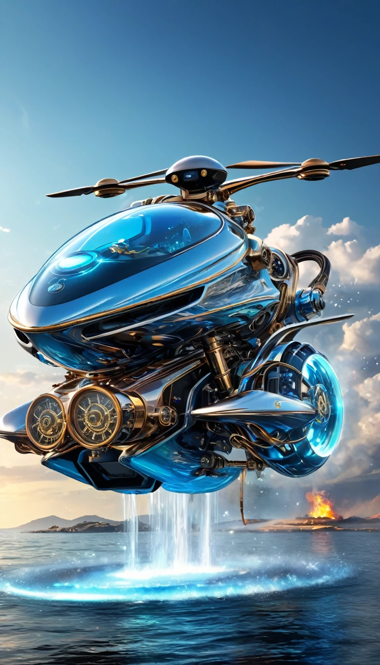 fusion of drone, motorcycles and hovercraft, flying motorcycle, four propellers, futuristic streamlined form, fusion of (cyber, diesel, clock, steam) punk and (water, fire, earth, wind) punk, iridescent glitter effects, conceptual installation art, (ultra detailed, absolutely resolution, best quality:1.3), 2.5D, delicate and dynamic, iridescent effects, artistic, hyper, graphic CG digital art