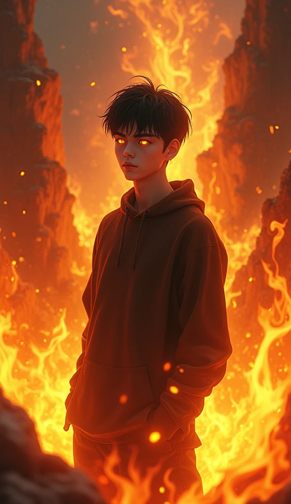 high detail, Clarity, 8 cc, young guy, 24 years, black hair, short haircut, yellow eyes, I am standing in fire, Realism, Fantasy,