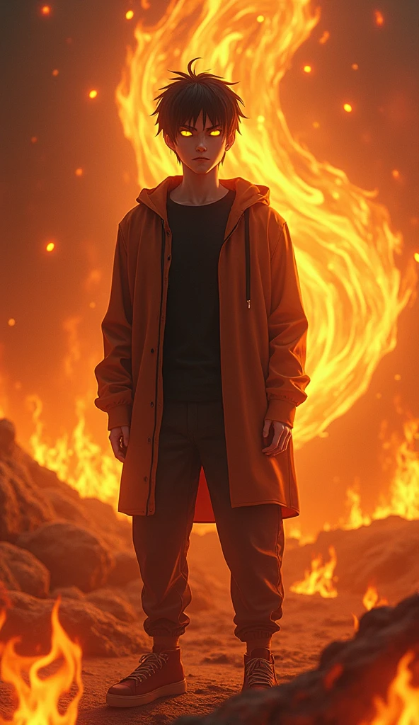 high detail, Clarity, 8 cc, young guy, 24 years, black hair, short haircut, yellow eyes, I am standing in fire, Realism, Fantasy,