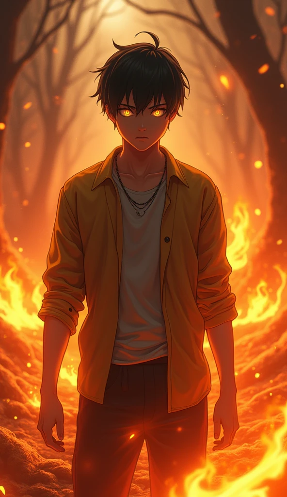 high detail, Clarity, 8 cc, young guy, 24 years, black hair, short haircut, yellow eyes, I am standing in fire, Realism, Fantasy,