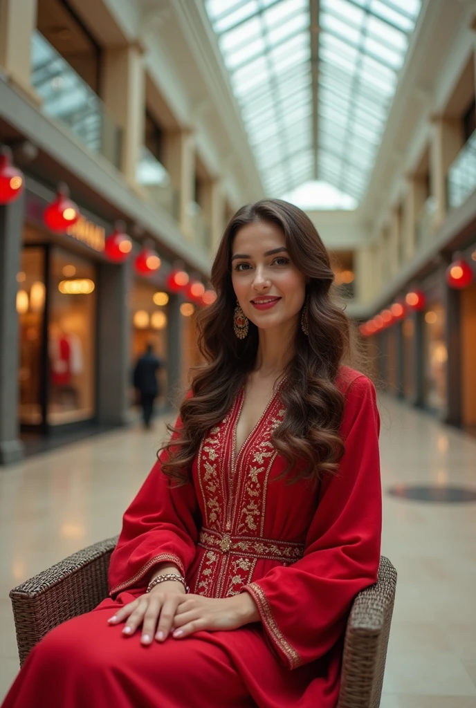 Create a photorealistic image of a beautiful woman with a slight smile on her face, wearing a traditional Turkish dress. She is seated in a modern mall environment. The scene includes contemporary mall decor with elegant shops and natural light coming from skylights or large windows. The woman’s long curly hair is styled gracefully, and her traditional attire contrasts with the modern setting. Ensure the mall's ambiance is warm and inviting, capturing a blend of cultural elegance and modern luxury. Emphasize the woman's relaxed and cheerful demeanor in this vibrant, realistic scene.

.