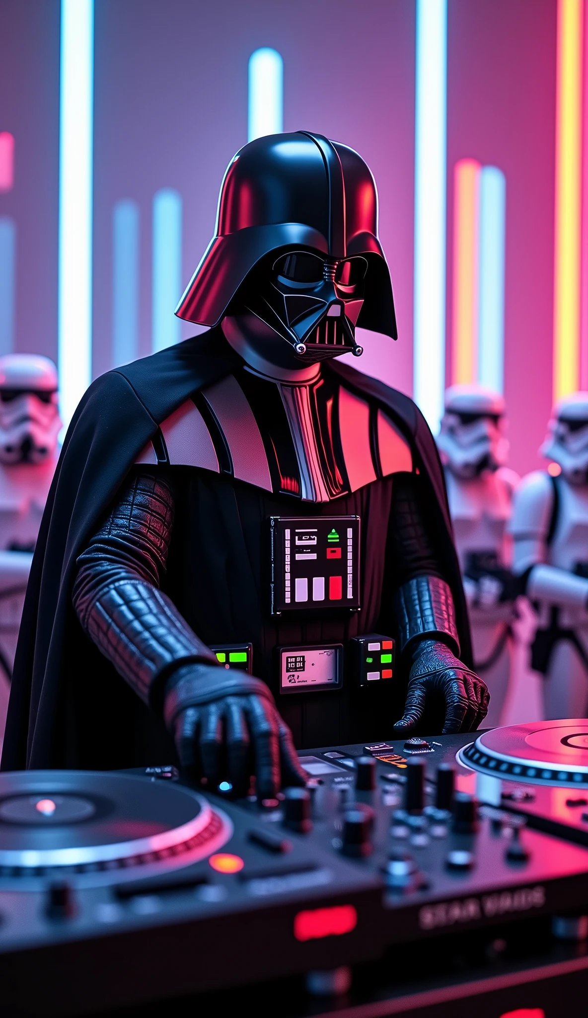darth vader Djing on record playing Technics record player turntables with starwars picture disc records being played on the technics Sl1210s and a old school 2 channel dj mixer in between lines of marching stormtroopers

