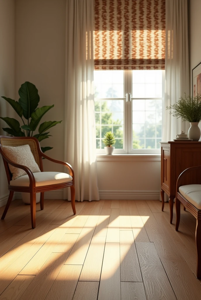 Vinyl flooring  with wooden texture and classic look  in a room in a window  zebra blinds 