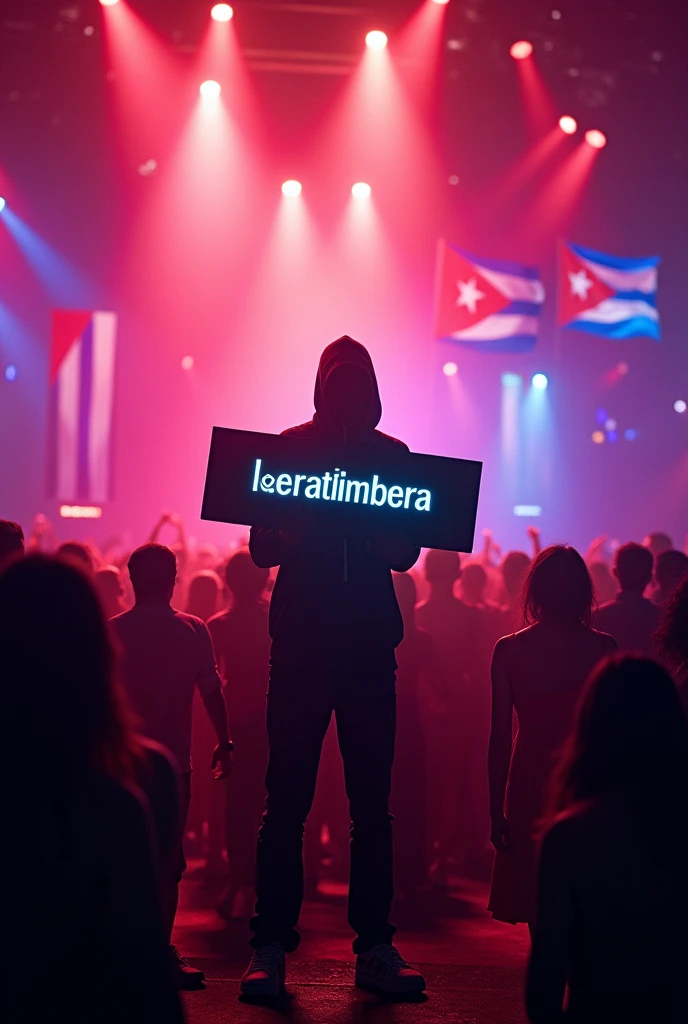 Cuban music party with Cuban flags where the anonymous DJ holds a sign containing the word "LaEraTimbera"
