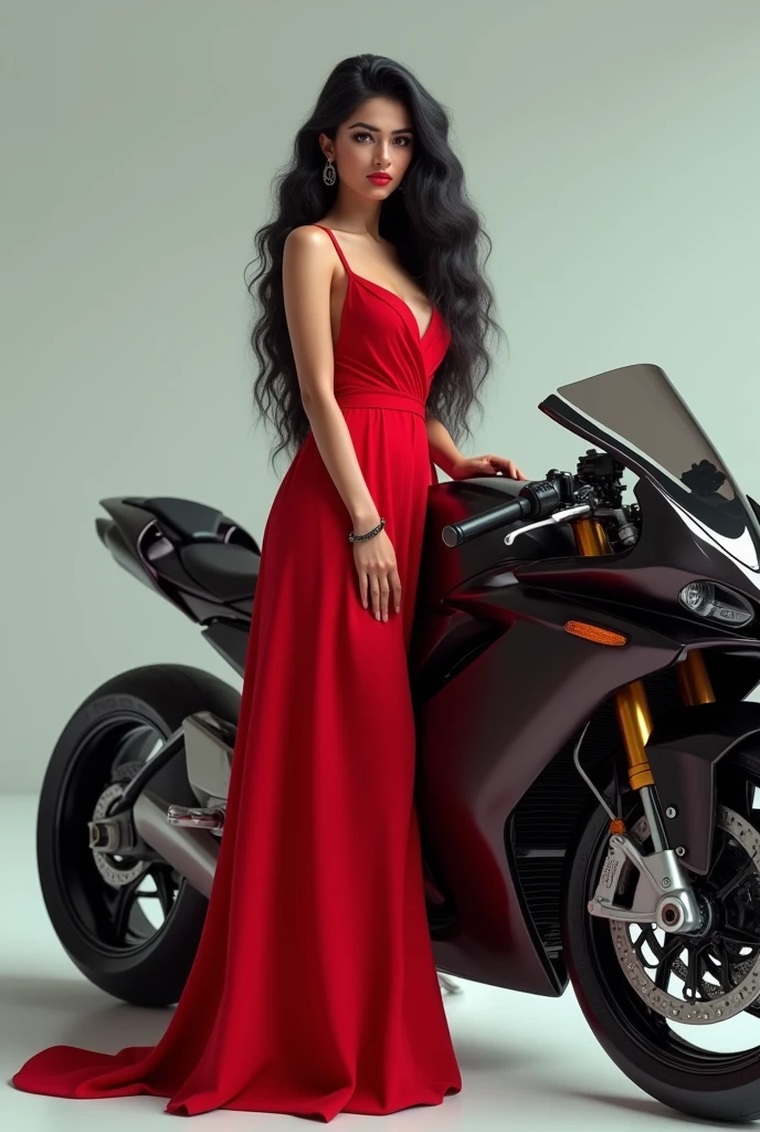 Please generate a super bike model hyperrelasrtic and add my Ai charater stunning bold female model with classic Indian features. She is 5’8” tall with fair, flawless skin and long, flowing black hair weight 60kg. Her eyes are large and expressive, with a warm brown color, framed by thick lashes. She has high cheekbones, a well-defined jawline, and full lips with a natural pink hue that enhances her beauty wearing red beautiful dress
Standing beside that bike