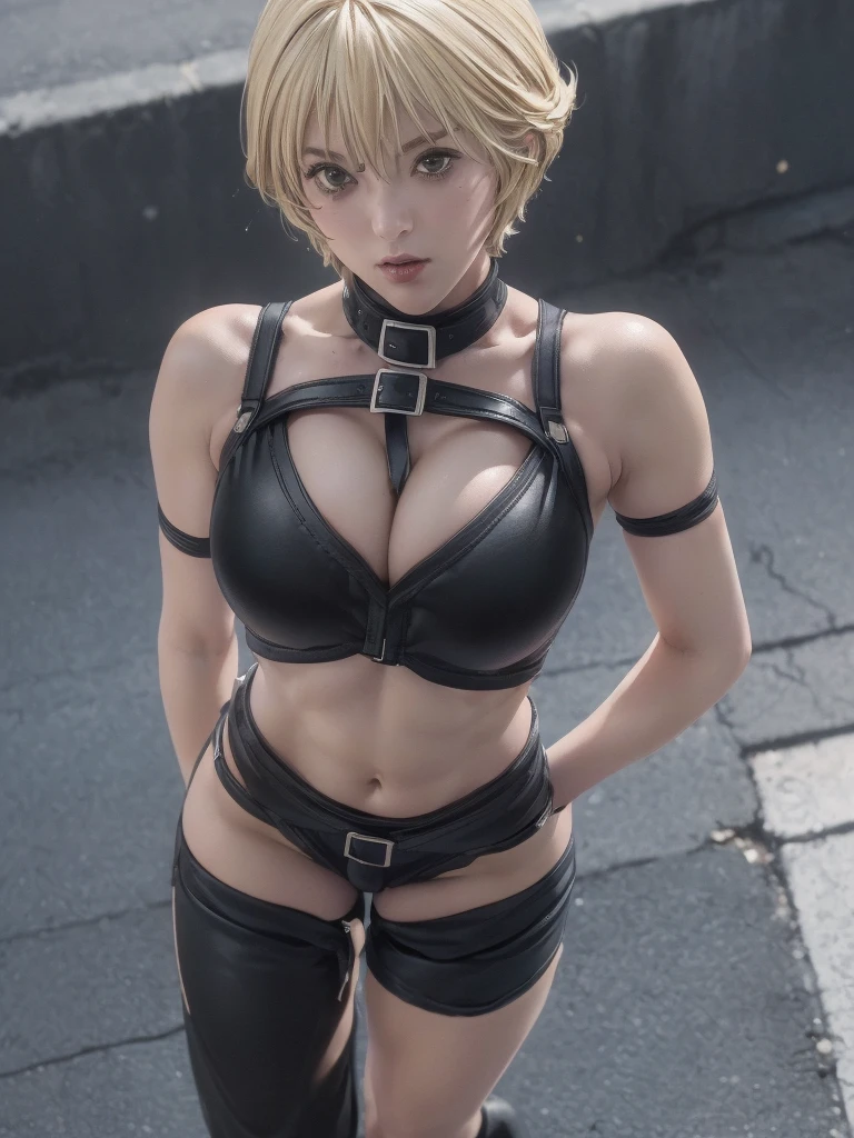 kurosaki mea、最high quality、high quality,, ((Masseter muscle area)), ((High resolution)), ((最high quality)), detailed, ((Glowing Skin)), (High leg bodysuit:1.2)、and, ((huge 、Blonde、Short Bob))、(Black Bondage, Black hot pants:Open the front of your pants:1.4), Show off your breasts:1.2, Bare Chest:1.5, Big Tits:1.4, Big Breasts:1.4, Voluptuous bust:1.4, Bare belly:1.4, exposed navel:1.2, (See the front-facing camera:1.5、Looking at the audience:1.5)、(No pause 1.5, Standing still:1.4), ((background:On the streets of the city:1.4))