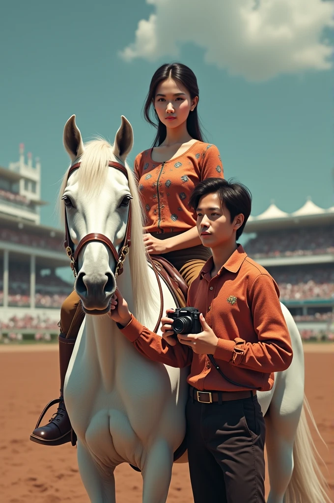 best quality, super detailed, super realistic, 15:9 ratio, depicts a beautiful round-faced Indonesian woman sitting on a white horse next to her there is an Indonesian man standing holding a camera, in the horse racing arena