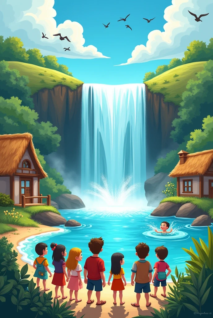 villangers looking at a beautiful water fall, make it cartoon