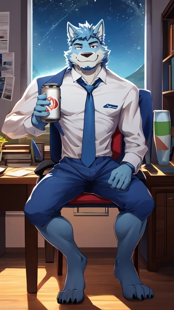 A Picture of A Muscular Furry Gray Wolf . He is wearing A Students Dark Blue Jackets A Light Blue Shirt A blue Tie and A light blue shorts. He is In His Dorm Room And Sitting On A Office Chair. The Chair Is Beside His Work Table. The Time is At Night. His Right Hand is Holding A Can Of Beer on The Table And His Left hand is Holding A Flag That Have A Blue In the middle The Red On Top And Bottom And White Above And Below Blue The Flag Look Like Thai Flag. he is looking at you with a smile on his face. his tail is very long