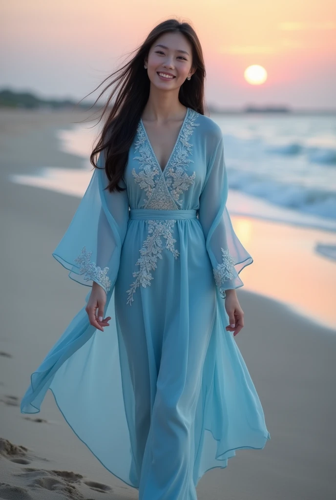 full body photo of an Asian girl aged 25. Her face is beautiful, wearing a light blue dress robe with beautiful accents on it. Her hair is straight and long, a bit fat. She was walking happily on the beach, her footprints were visible on the sand. twilight atmosphere when the sun sets and the moon begins to appear