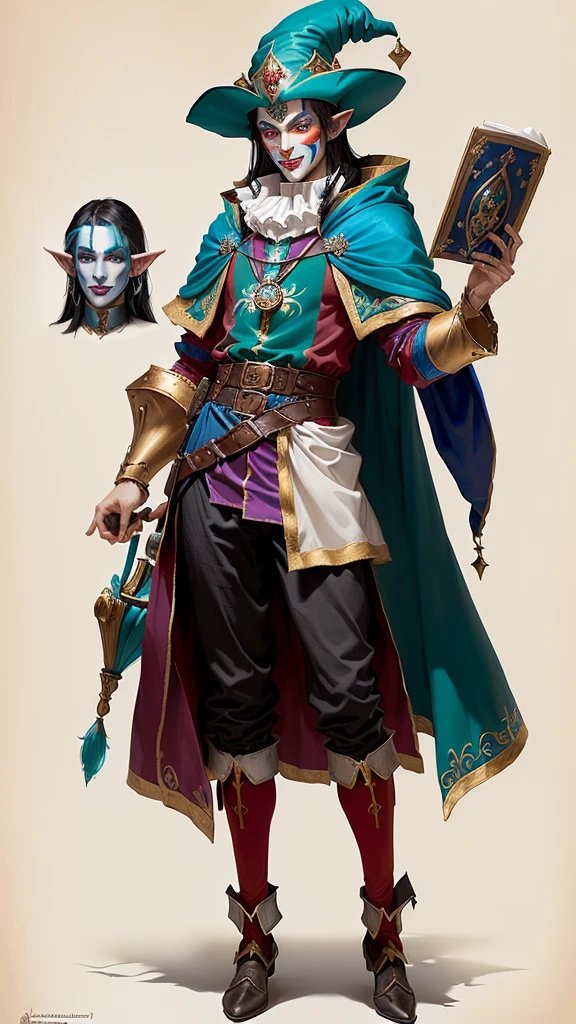 a woman in a costume and a hat, court jester in renaissance era, medieval jester, court jester, fantasy character art, bard jester character sheet, male jester, fantasy character design, fantasy character, complex fantasy character, inspired by Fra Bartolomeo, inspired by james christensen, gerald brom style, jester, jester themed, michael hussar, fantasy genre portrait, elf, high elf, elf character, black hair, dark hair, midnight hair, turquoise eyes, light blue eyes, cyan eyes colour, backpack, wearing a backpack, 6'3" tall, tall character, belt pouch, pouch on belt, coin pouch, clown makeup, face paint, wearing clown makeup, full body, show full character, full portrait art