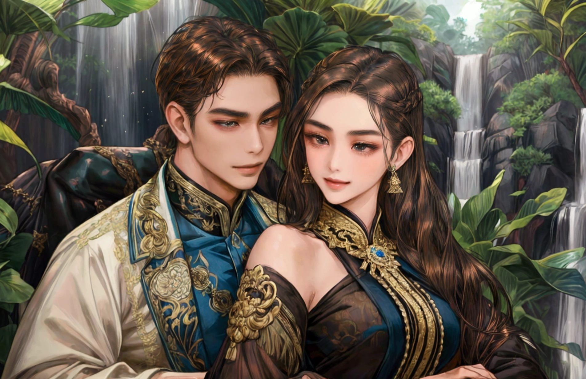 Couple, javanese style, masterpiece, best quality, realistic, quiet and charming, 29 years old, black eyes, serious, extremely detailed face, full body, smile,((dark brown, swept side hair)), [ eyebrows], blue suit, forest waterfall, accurate, detailed
