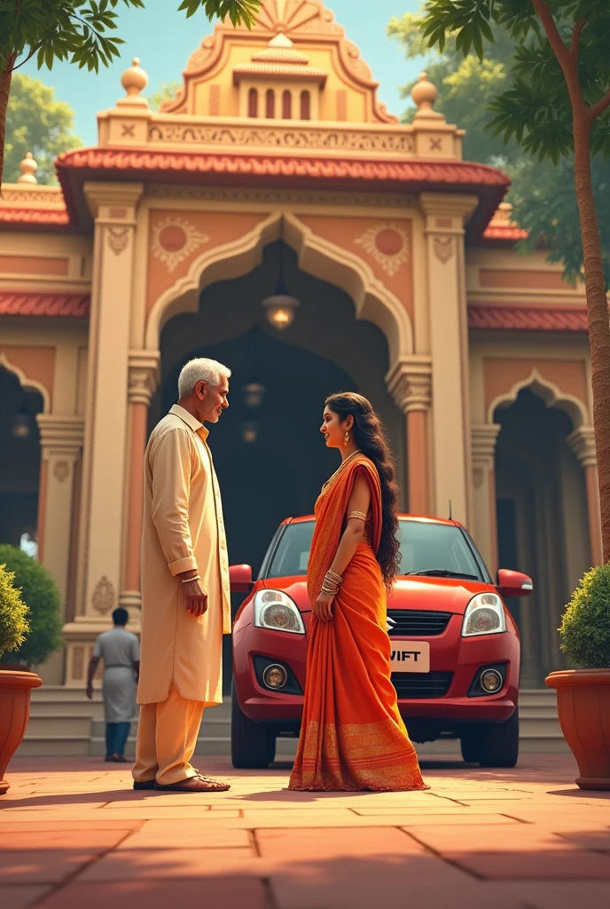 Middleclass
father making bye to bride marriage Hall,groom waiting near the suzuki maruthi swift car outside the hall in the background south Indian style