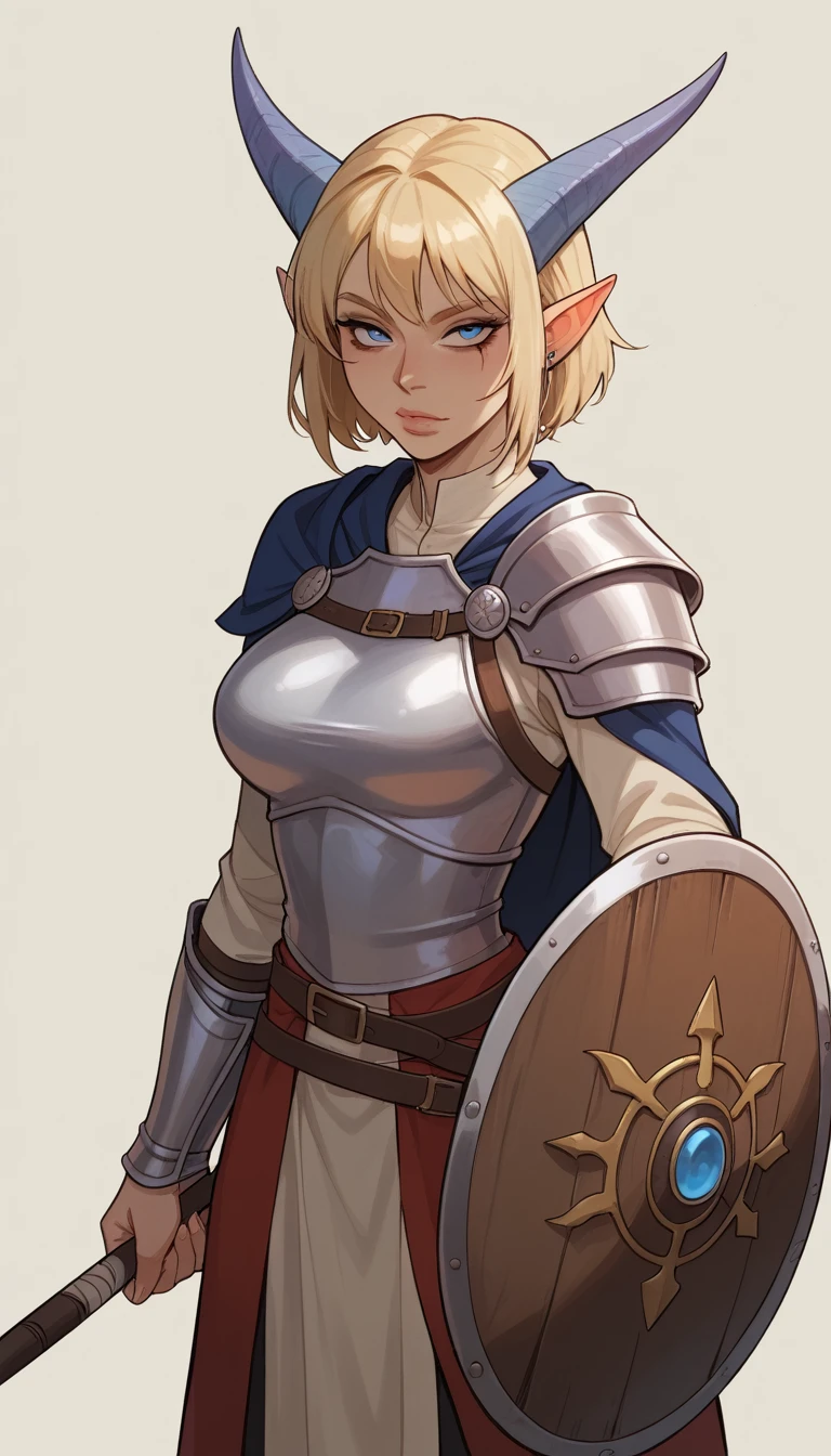 score_9, score_8_up, score_7_up, score_6_up, soruce_anime, 1girl, 20 year old, beautiful face, blue horns pointing up, ((blue skin, tiefling woman)), medieval, knight lady, armor, blonde hair, short hair, scar, full body, concept art, design, holding shield, simple background