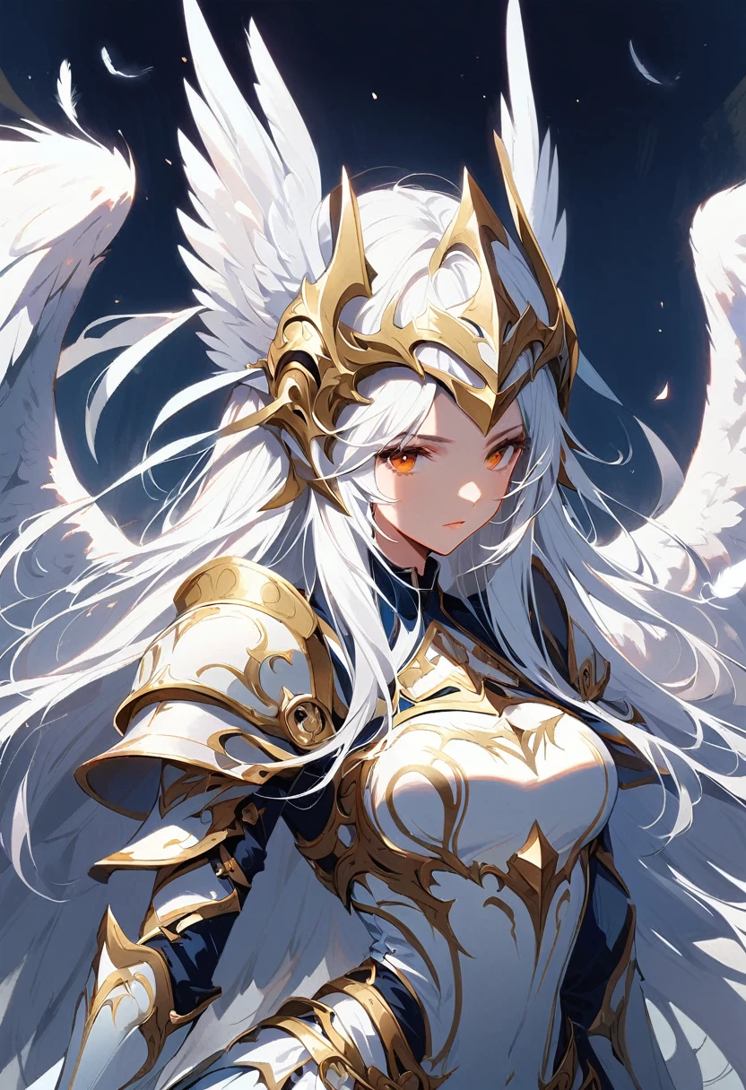 1girl angel with winged helmet_wings armor feathers_Long wing feathers_Hair Shoulder Armor Shoulder_Armor single piece_Wing separate upper part_The body is white_Theme White_Wings Wings