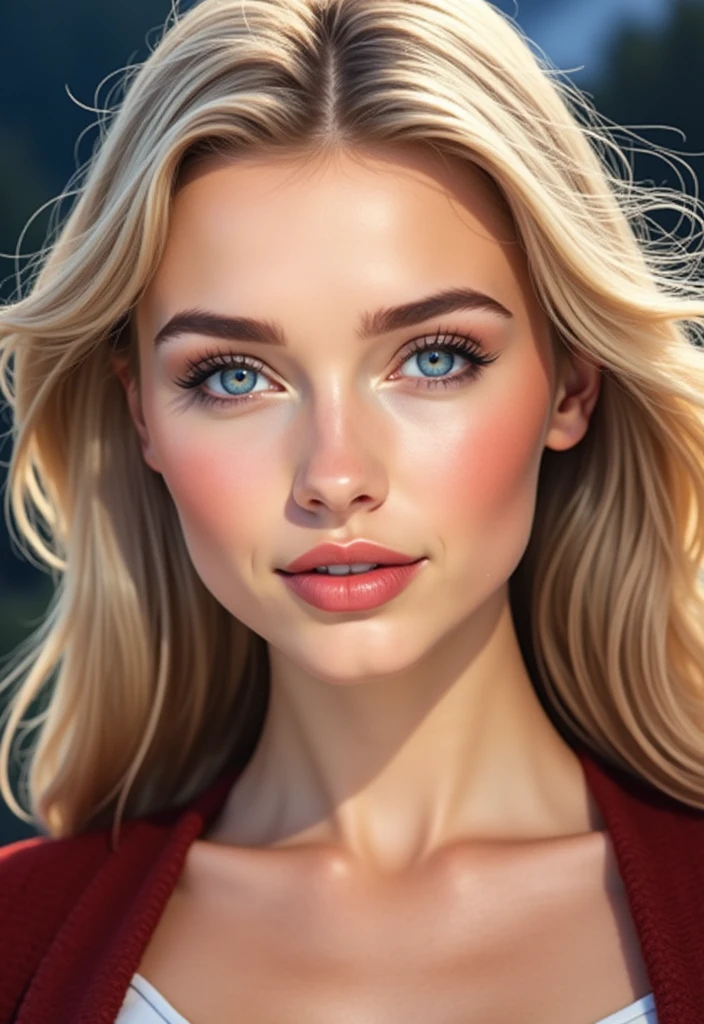 medium length portrait one, 23 year old Norwegian girl with symmetrical attractive face, with long blonde brown hair, detailed with beautiful blue eyes, nose and lips, summer makeup, with big breasts, attractive beautiful legs, black standing on a Swiss balcony overlooking the Swiss Alps in a pretty dress (best quality, 4k, 8k, high resolution ,masterpiece:1.2),ultra-fast,(realistic,fotórealistic,fotórealistic:1.37),HdR,studio lighting,and body,portrait age,very body, ,dramatic lighting,warm color tones,dramatic colors
