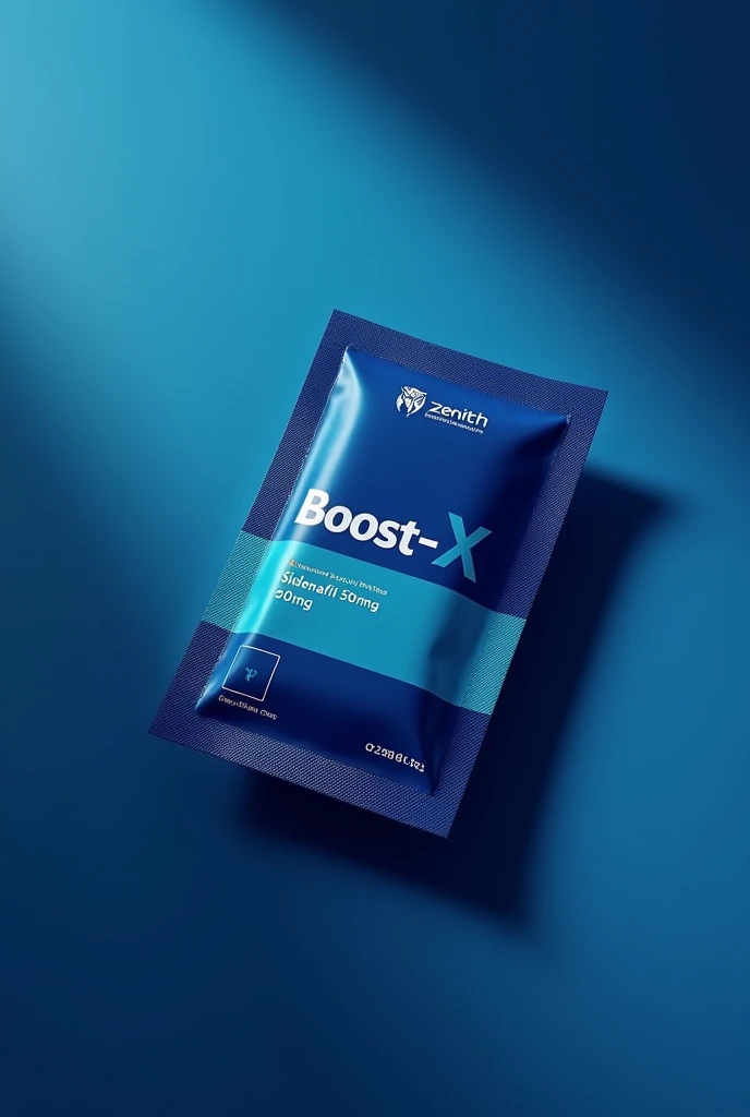 I need a package for a drug use a deep blue abd light blue colour combo. ZENITH pharmaceuticals should be at the top with a company logo clear. Then on the body Boost-X followed by sildenafil 50mg. Don't make the pack big small and easy to carry it will contain only 4 tablet please do it right
