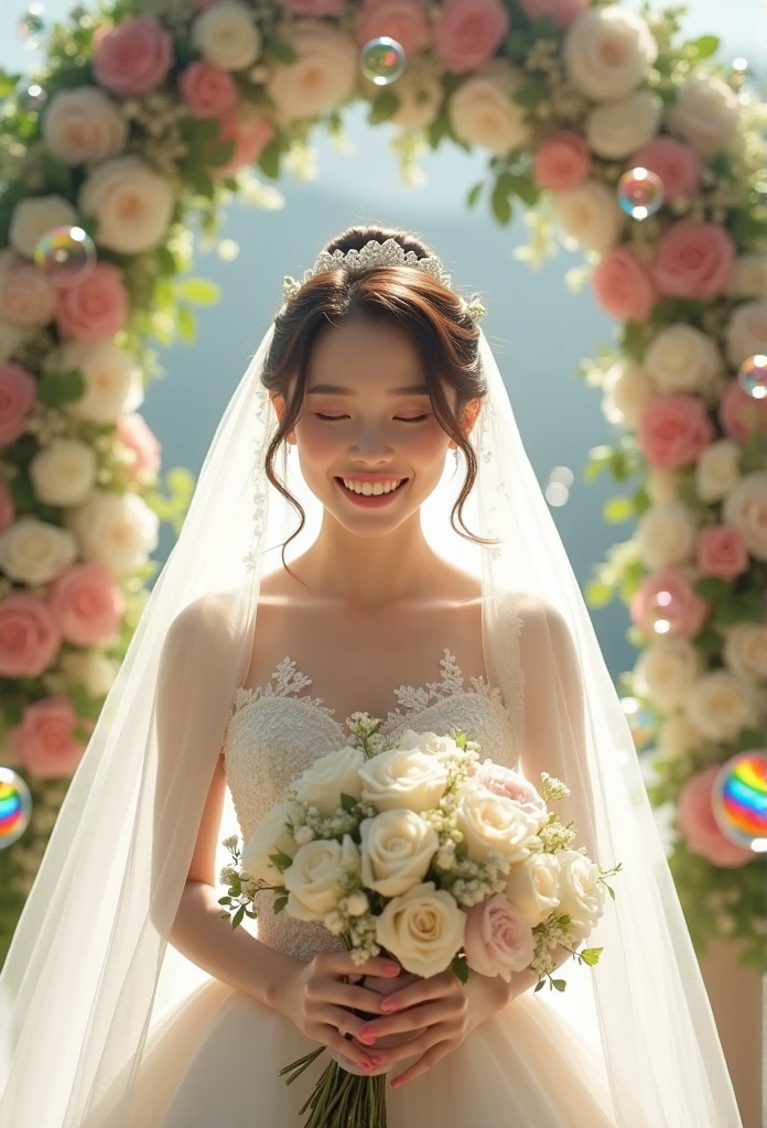 Very young and beautiful Asian woman with brown blonde updo hair, very delicate eyes, delicate nose, delicate lips, wearing wedding dress, holding bouquet with delicate details in her arms:1.2, veil_layers of rich lace, bouquet with detailed expression, (dynamic pose, uncontrollable joy, ecstasy, broad smile_expressing very delicate details), clear silhouette, top quality, realistic photo, bright studio lighting, top down hips upper body shot angle, front close-up, photographed under arched floral decoration structure, congratulatory bouquets, surrounded by numerous transparent rainbow bubbles in the air, clear silhouette,