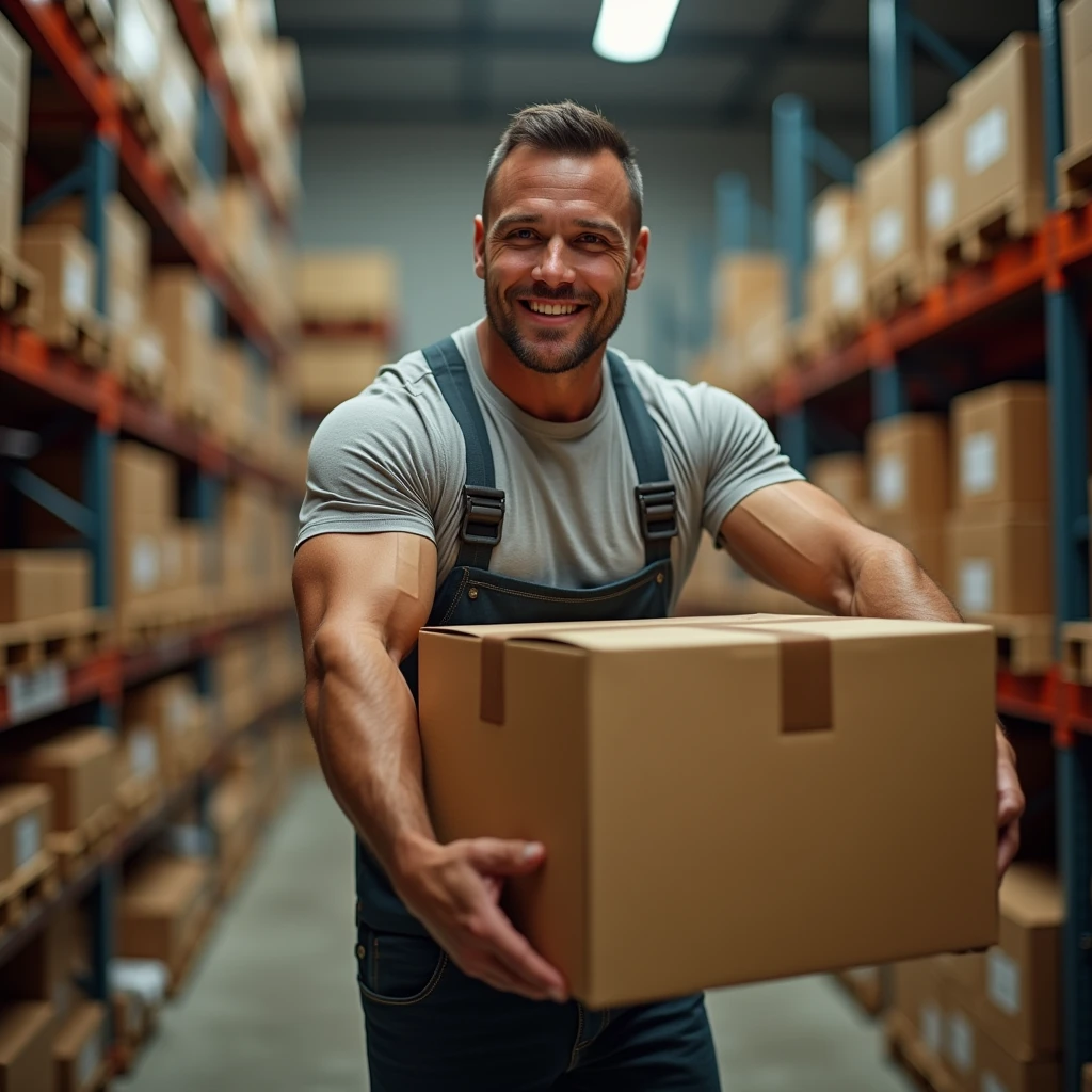 a man(lifting big boxes with hands),in warehouse, (looking at the cameraman, gentle smile, glowing eyes, sparkling eyes, smile, light smile, Wide-Angle, Fujifilm, Wide-Angle, Fujifilm, masterpiece, accurate, super detail, high details, high quality, best quality, highres, HD, 4K, masterpiece, accurate,, super detail, high details, high quality, best quality, highres, HD, 4K