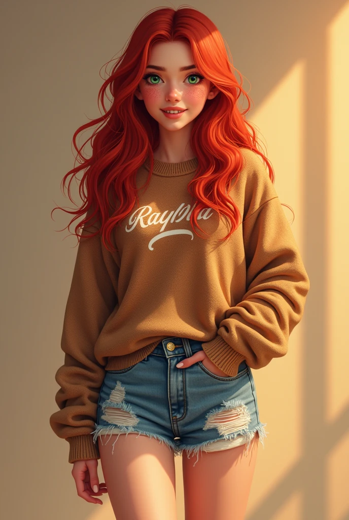 A 20 year old woman with long wavy red and white hair with green eyes and a flushed face smiling and wearing a brown sweater with small white letters written on it and ripped denim shorts and white sneakers Showing from head to toe
