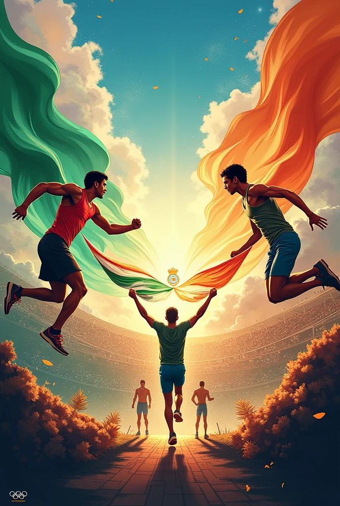 "Create a stunning poster that visually connects the ancient and modern Olympic Games. The design should feature elements from the original Greek Olympics, such as laurel wreaths and ancient stadiums, alongside contemporary Olympic imagery, like modern athletes and iconic venues. Highlight the achievements of Indian athletes, showcasing their participation and success in the Olympics. Include dynamic visuals of Indian athletes in action, with a focus on their dedication and triumphs. Integrate the Indian flag and Olympic symbols to emphasize India's proud involvement in the Games. The overall theme should celebrate the rich history and ongoing legacy of the Olympics, with a vibrant, motivational design that inspires pride and admiration."