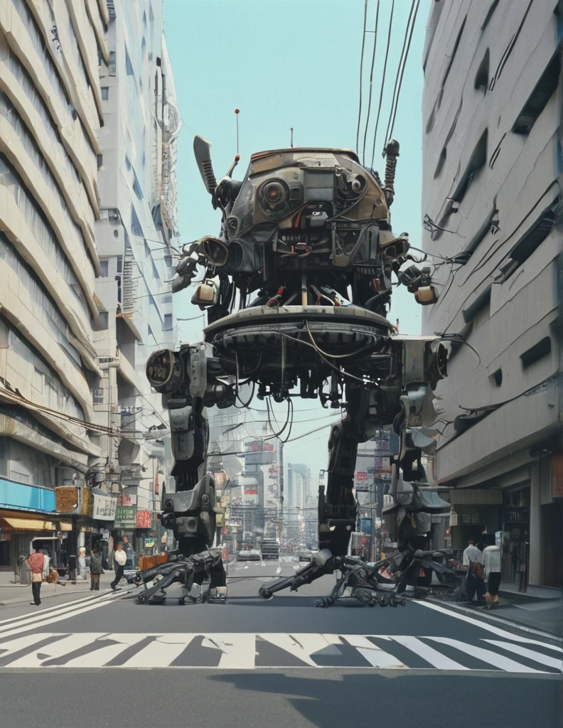 apocalyptic a robot with a large turret on its top, spider robot, reelmech, mechanical parts, cable, wires, machinery, joints, 
There are many cars and people on the city streets., Japan 1980s, Downtown Japan, Tokyo cityscape, Japan Streets, vintage footage of Tokyo cityscape, Tokyo cityscape set in 1982, Tokyo cityscape, Photos of Japan in the 80s, Japan Streets, in the Tokyo cityscape, Kodachrome : : 8k yen, Vintage Photography, Printed matter from the 1970s