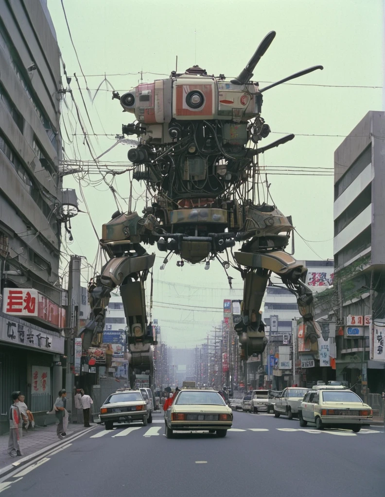 apocalyptic a robot with a large turret on its top, spider robot, reelmech, mechanical parts, cable, wires, machinery, joints, 
There are many cars and people on the city streets., Japan 1980s, Downtown Japan, Tokyo cityscape, Japan Streets, vintage footage of Tokyo cityscape, Tokyo cityscape set in 1982, Tokyo cityscape, Photos of Japan in the 80s, Japan Streets, in the Tokyo cityscape, Kodachrome : : 8k yen, Vintage Photography, Printed matter from the 1970s