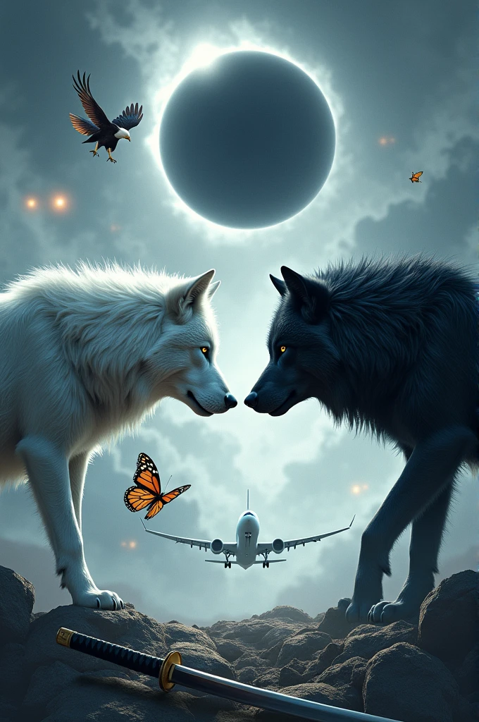 White Wolf, black wolf, who confronts, with an eagle and a butterfly, in the background a black hole Des dee an airplane, katana