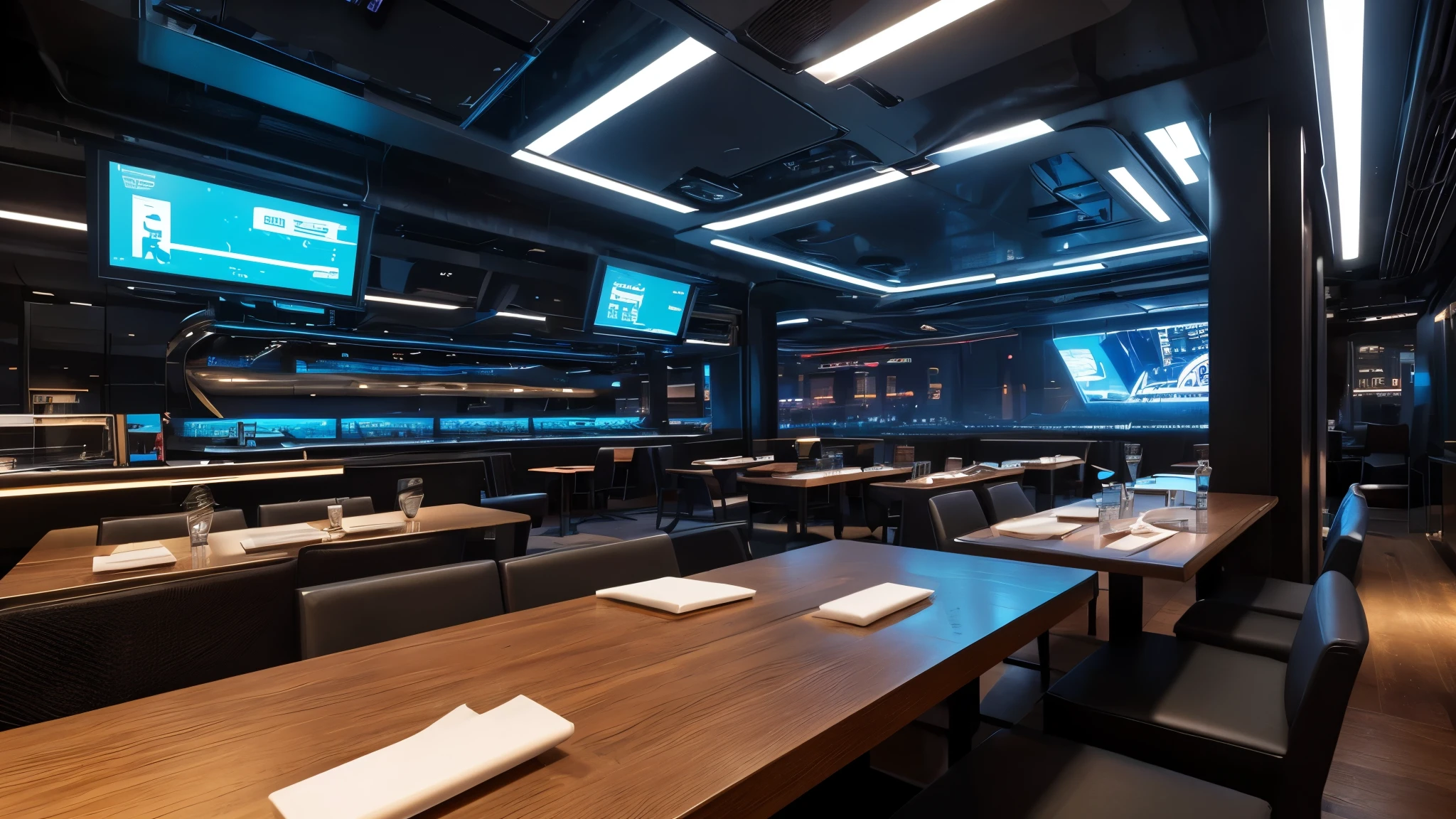 scifi, futuristic restaurant, architectual, space design, cyberpunk, futuristic, hightech, hard-surface design, daylight, much tech, much electronic, very cozy, ambient light, realistic view, wide angle, year 2124
