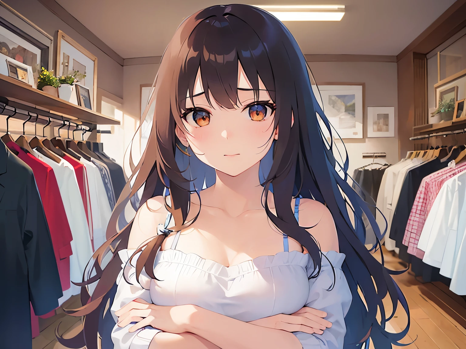 Detailed CG,Ultra-fine illustrations,masterpiece,Highest quality,BREAK(white:1.5)and(Off-the-shoulder blouse)BREAK,Realistic,Real person,RAW Photos,Realistic(青whiteい肌:1.2),Glowing Skin,Shiny Hair,(A 32-year-old woman with medium-length hair and bangs)and(Wavy Hair)and(Brown Hair)and(Orange eyes),(annoyed),The background is the interior of a second-hand clothing store.,Alone,crossed arms