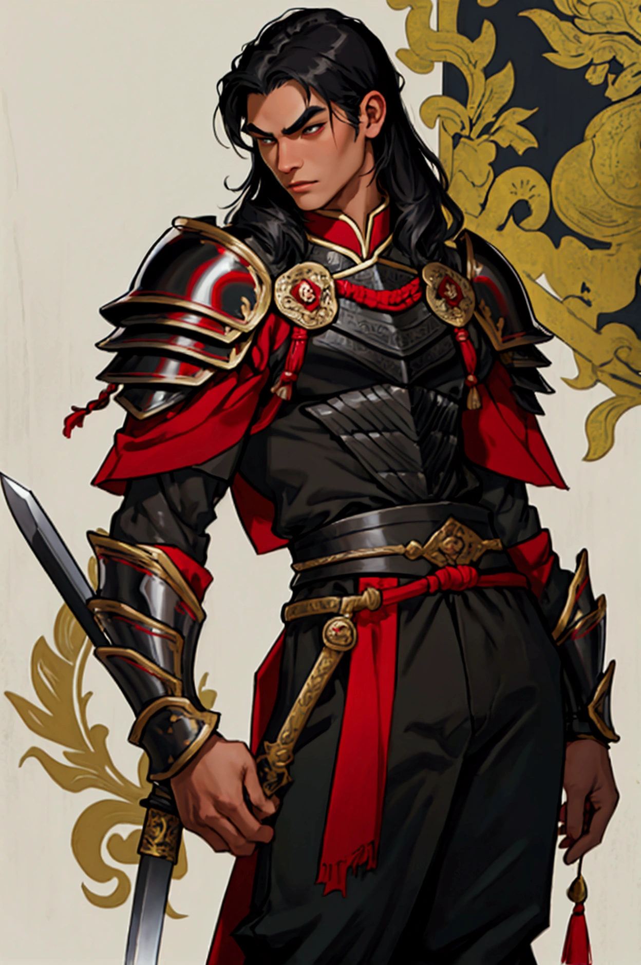 His Majesty is black, Male characters,black hair,Black eyebrows,Wearing black and red Thai armor,Holding a Thai sword,Wear Thai warrior pants,