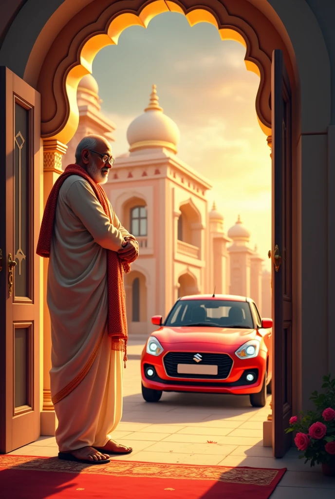 Middleclass
father making bye to bride marriage Hall,groom waiting near the suzuki maruthi swift car outside the hall in the background south Indian style