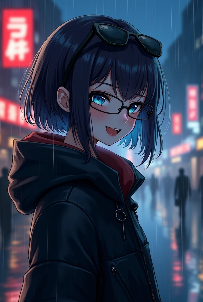 masterpiece, top quality, illustration, {Beautiful detailed girl}, beautiful shine in detail, beauty dressing up, (black jacket and raincoat), Sunglasses, Laughter, fangs removed, a vampire, indigo eyes, rainy street corner, rain, detailed lighting, detailed water, (beautiful detailed eyes: 1.1), featureless palace, (short hair), long bangs, hair between eyes, Upper half,